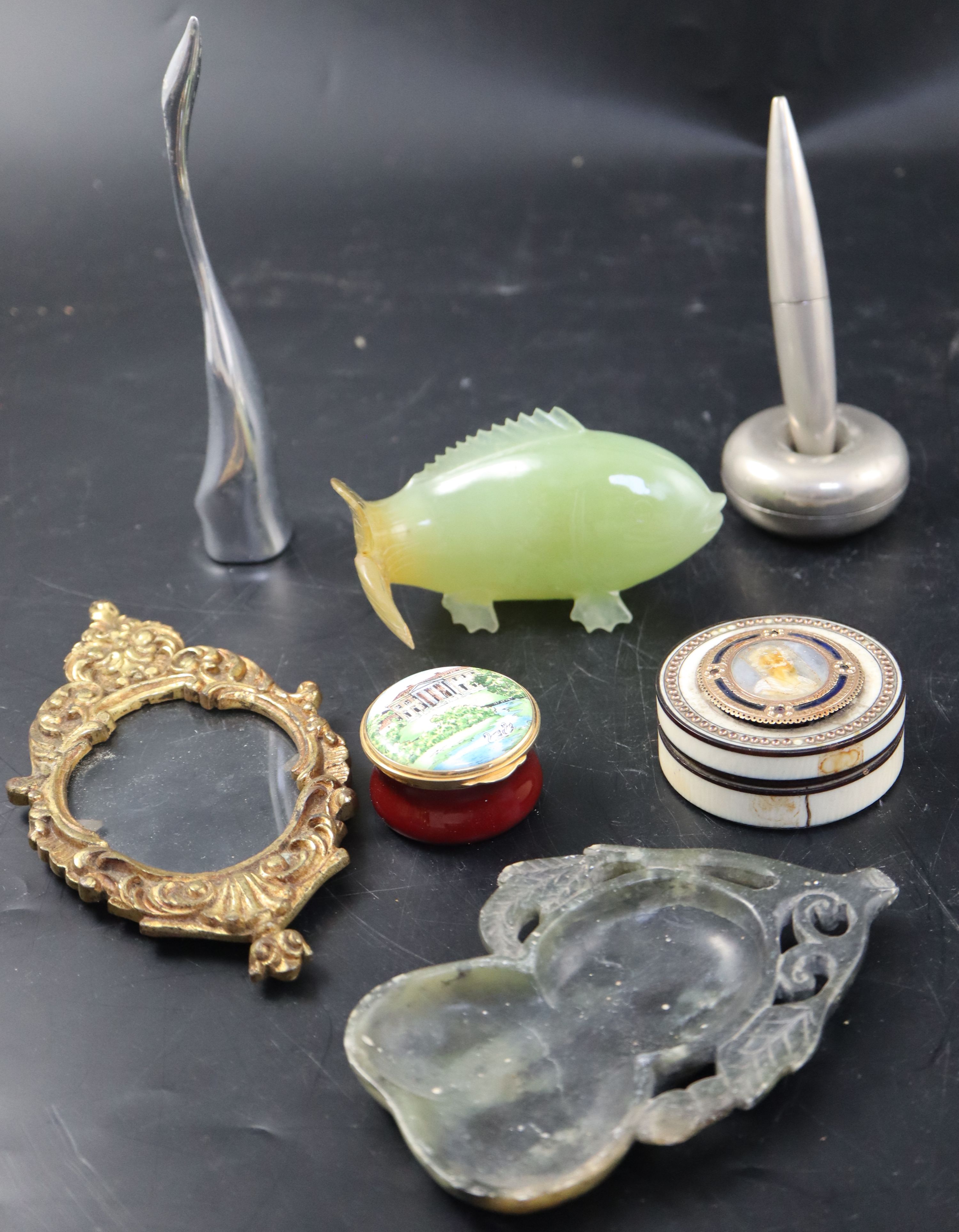 A group of assorted small boxes and objects dart including ivory and tortoiseshell